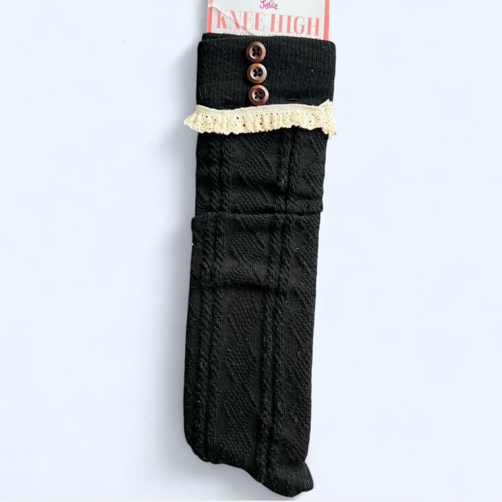 Black Knee-High Coquette Girl Cable Knit Ruffle Button Whimsy Twee Socks 13-5
